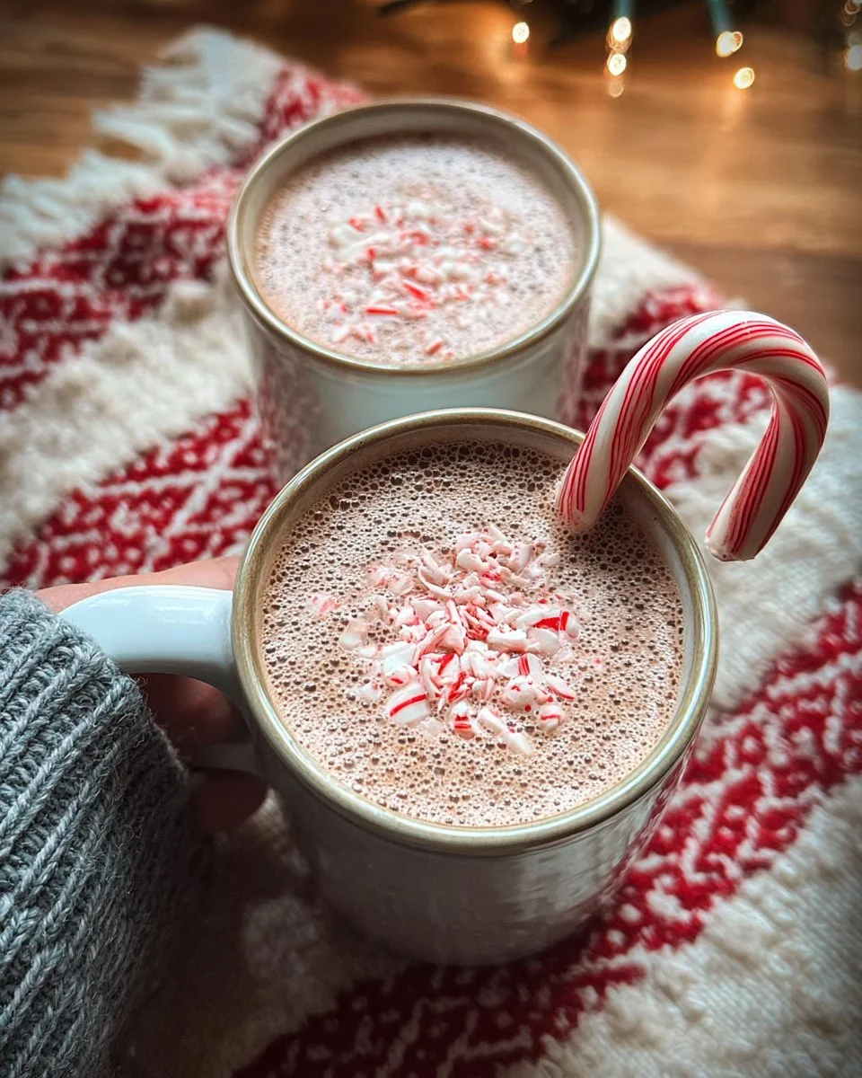 A festive cup of Candy Cane Chai topped with whipped cream and peppermint sprinkles.