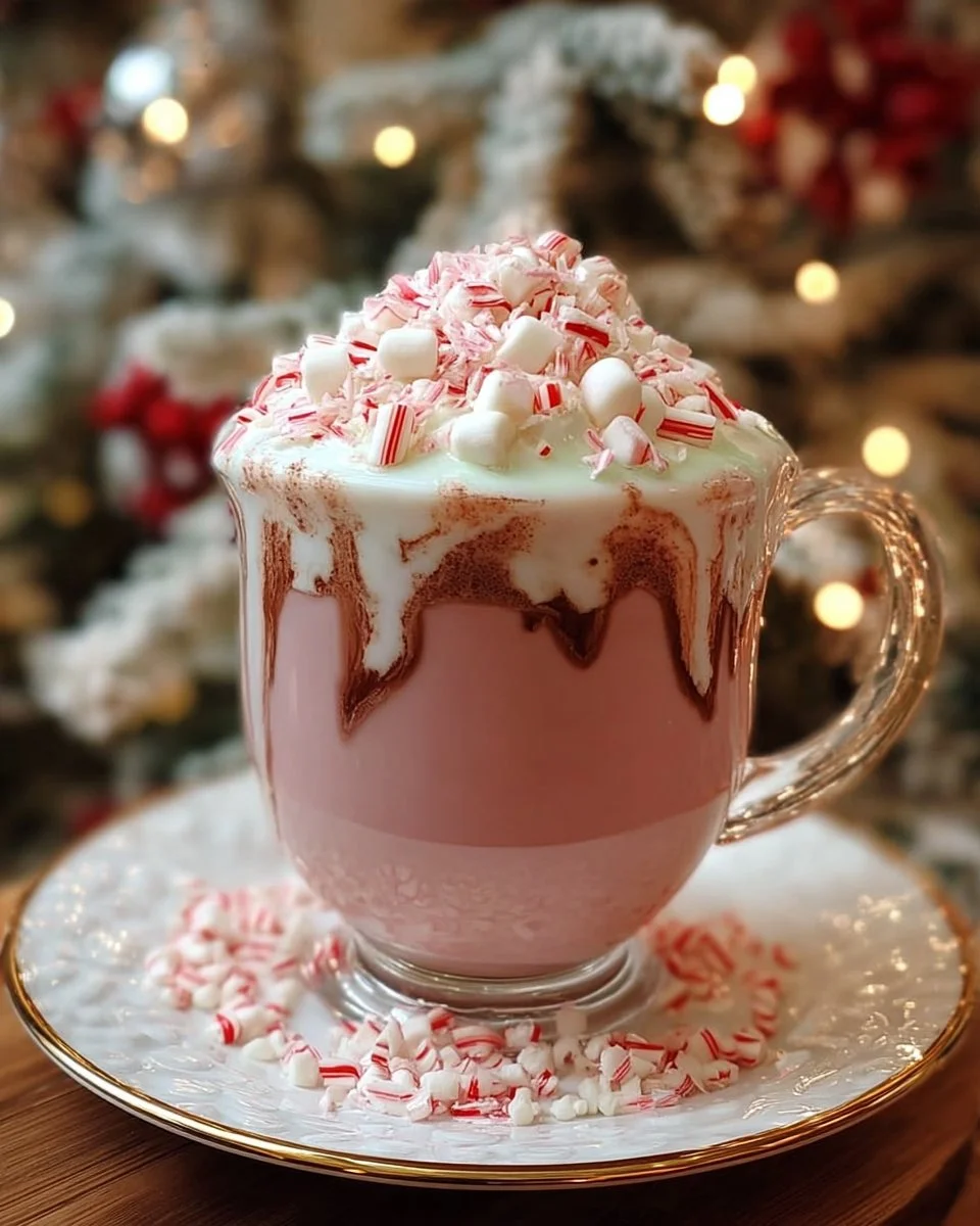 Delicious Candy Cane Forest Christmas Cocoa topped with whipped cream and candy canes.