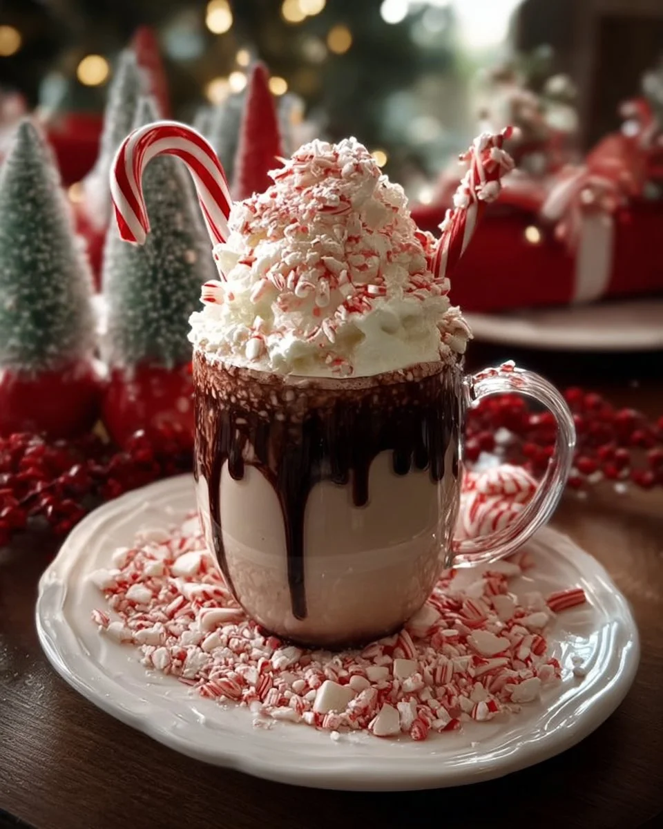 Delicious Candy Cane Forest Cocoa with peppermint swirls and festive garnishes.