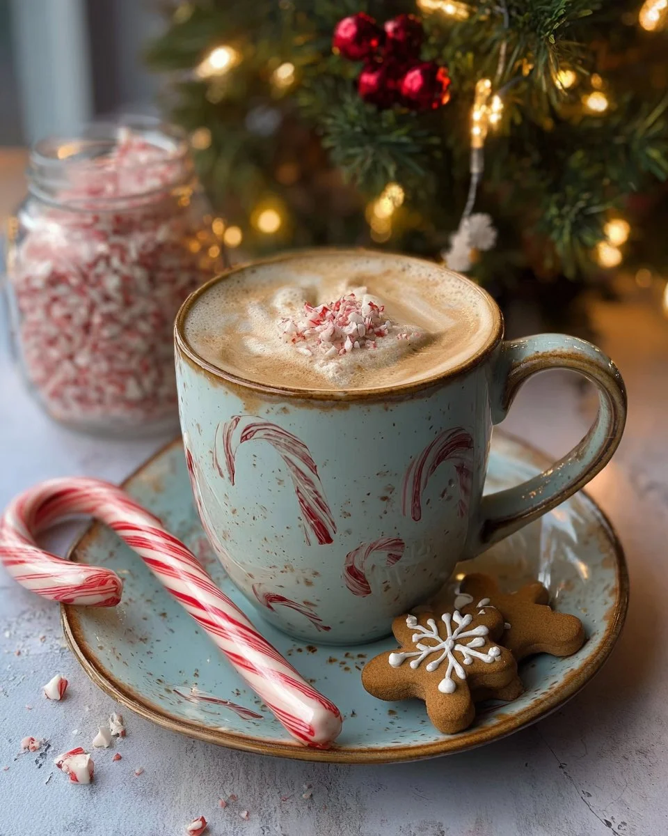 Candy Cane Ginger Latte topped with whipped cream and crushed candy canes