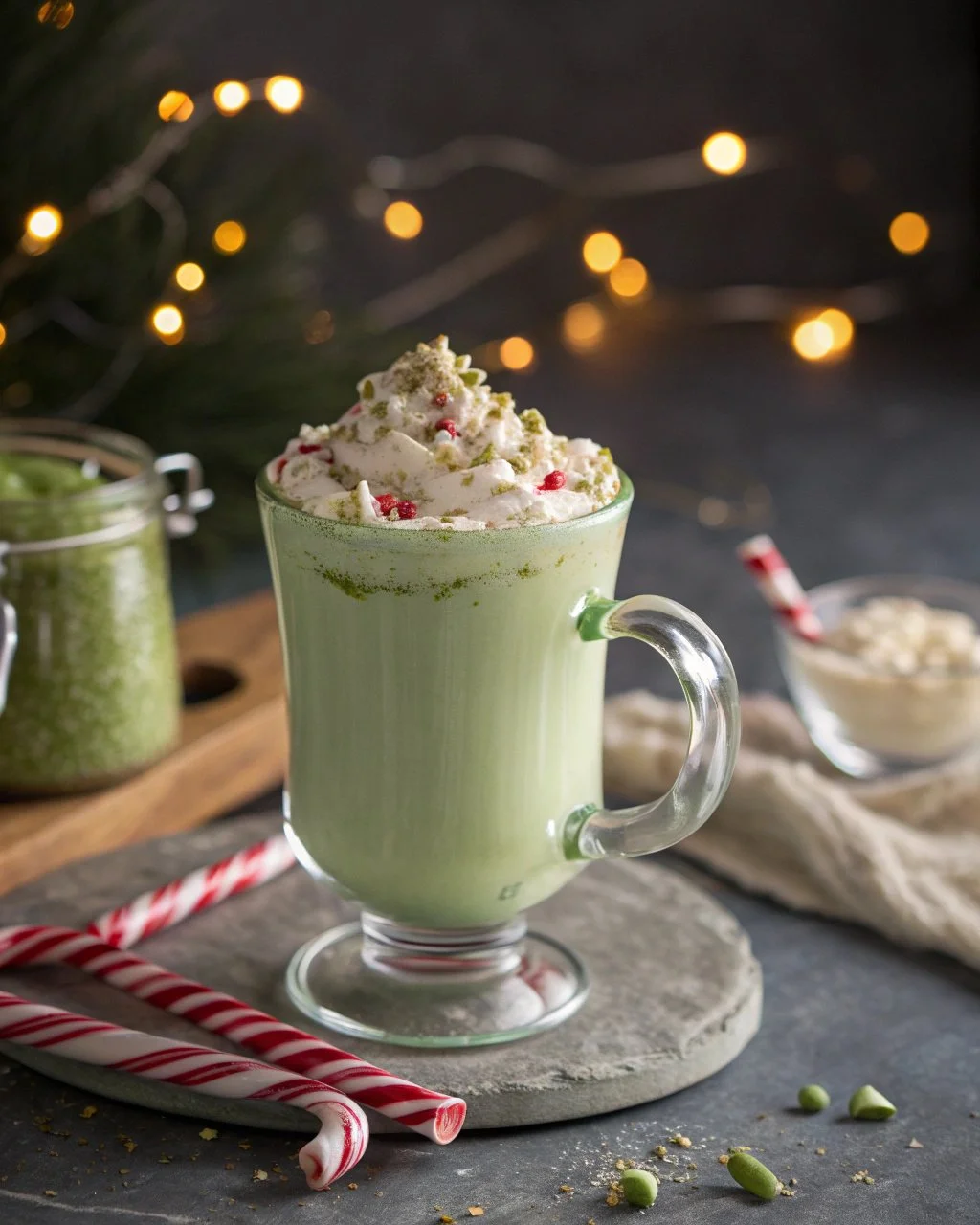 Delicious Candy Cane Pistachio Latte topped with whipped cream and candy cane pieces