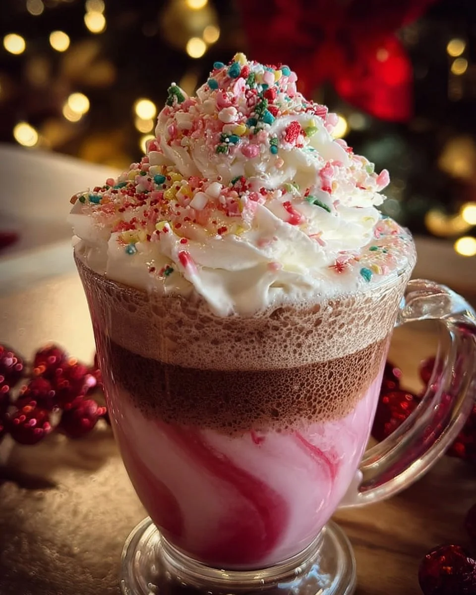Cup of Candyland Christmas Cocoa topped with whipped cream and colorful sprinkles
