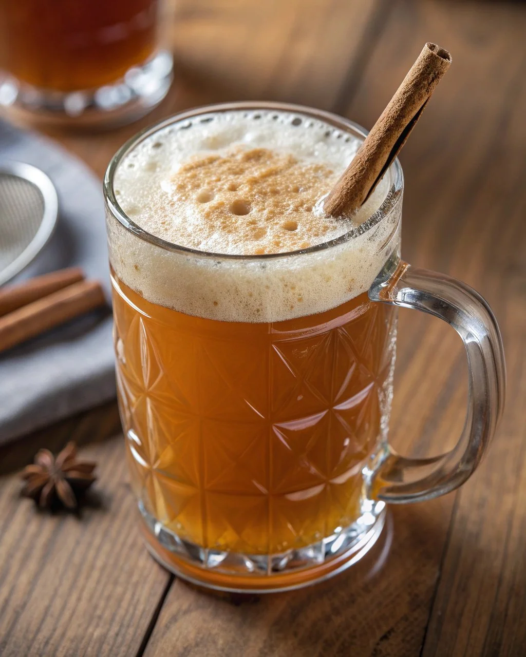 Delicious caramel apple butter beer in a glass with a frothy top and apple slices