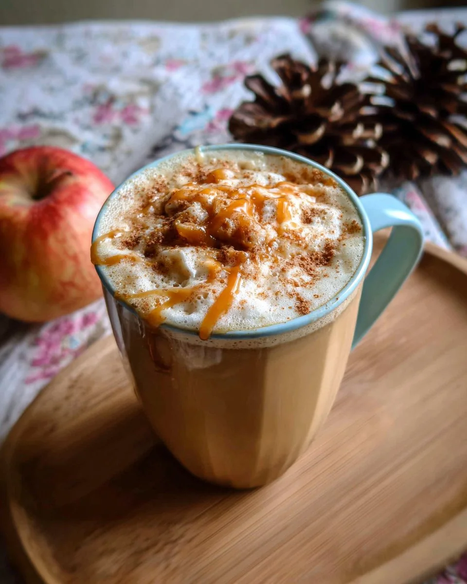 Delicious Caramel Apple Pie Latte topped with caramel drizzle and foam
