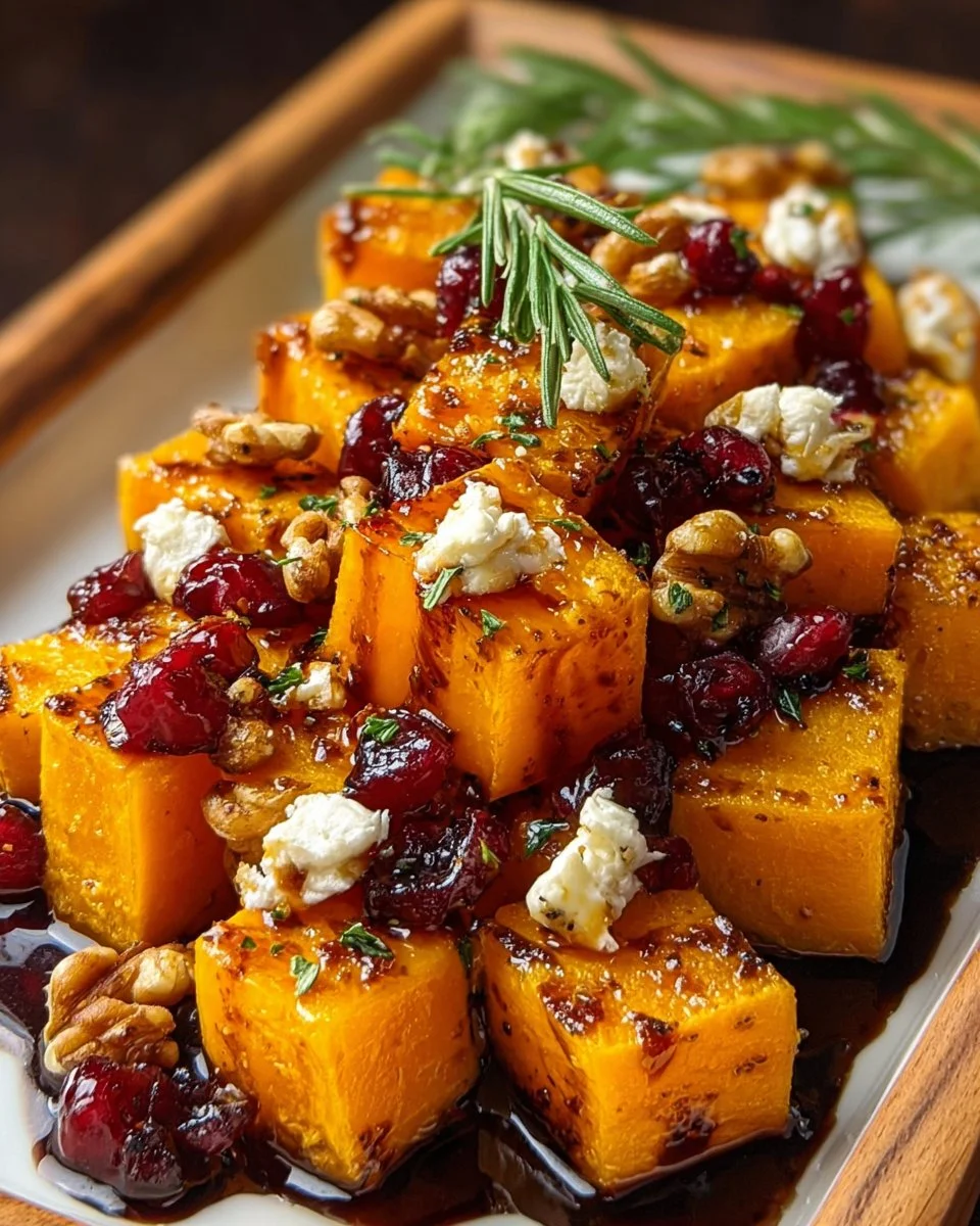Caramelized butternut squash with feta cheese, walnuts, and cranberry-honey glaze