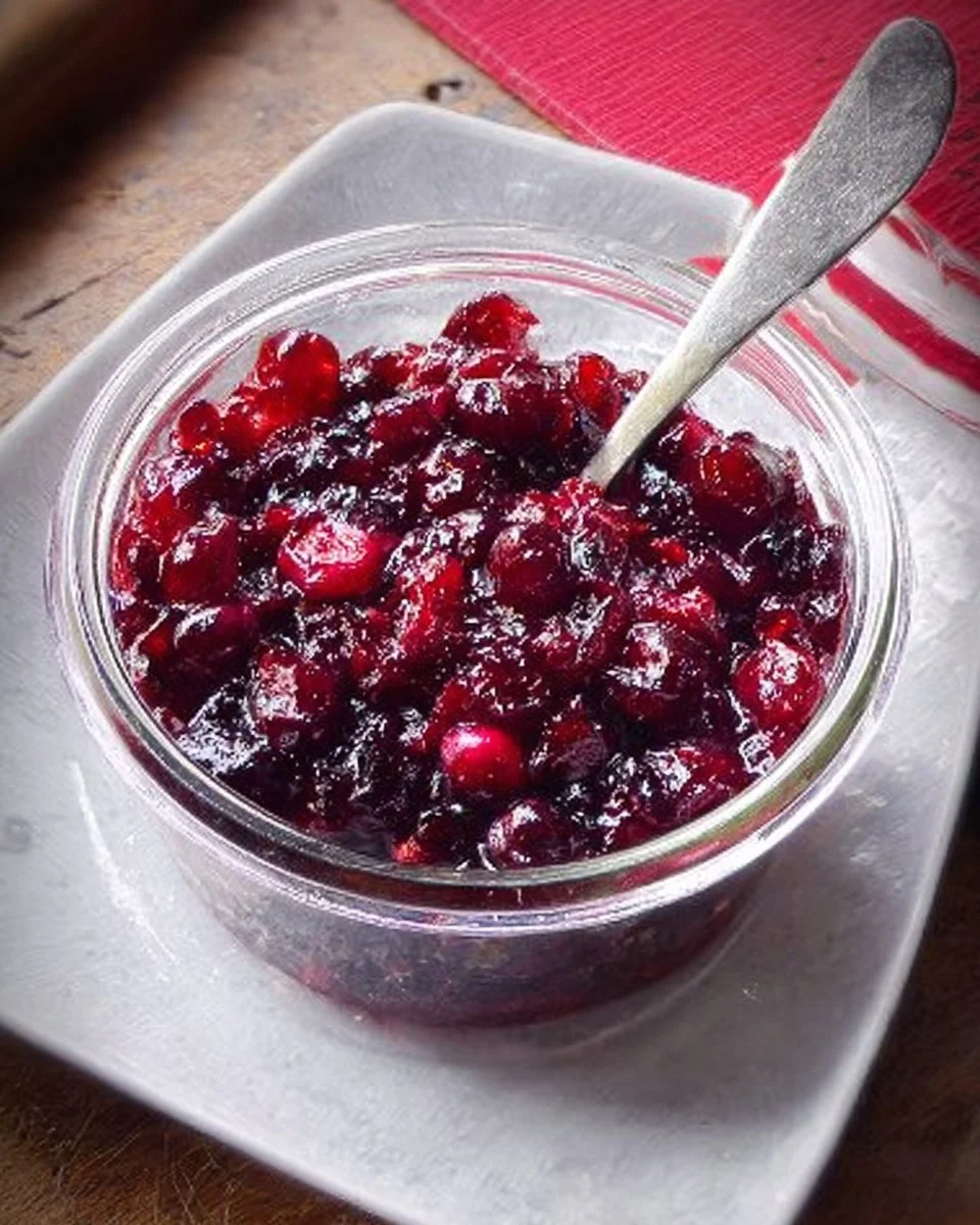 Delicious caramelized cranberry relish served in a bowl