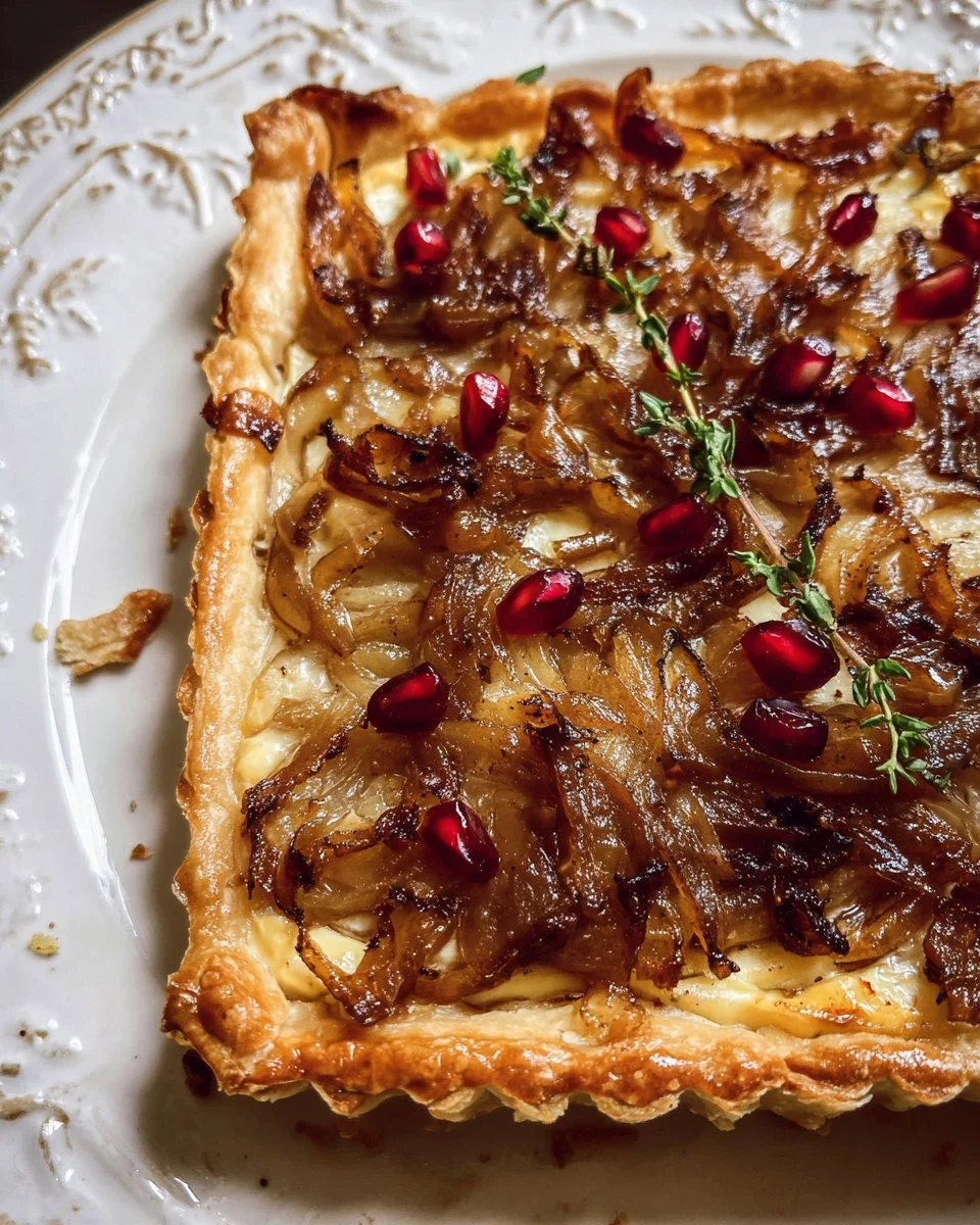 Caramelized onion brie tart on a wooden serving board