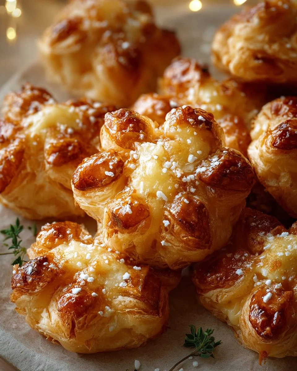 Caramelized Pear & Brie Snowflake Puffs ready to be served as a festive appetizer