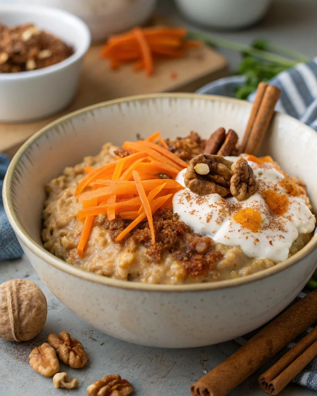 Healthy carrot cake oatmeal topped with nuts and spices