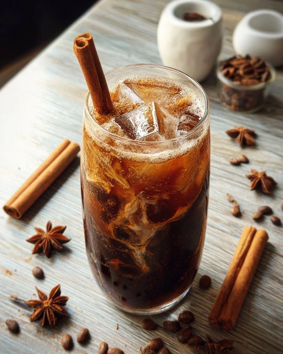 Chai spiced cold brew coffee in a glass with spices and ice
