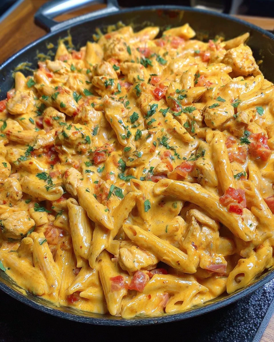 Cheesy Queso Chicken Penne Skillet served in a cast iron pan