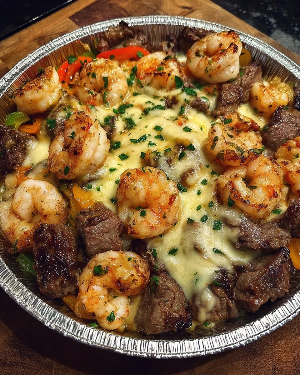 Cheesy Steak & Shrimp Skillet Bowl served in a skillet with melted cheese