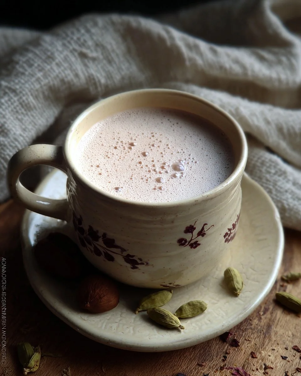 Glass of Chestnut Cardamom Milk topped with spices and chestnuts.