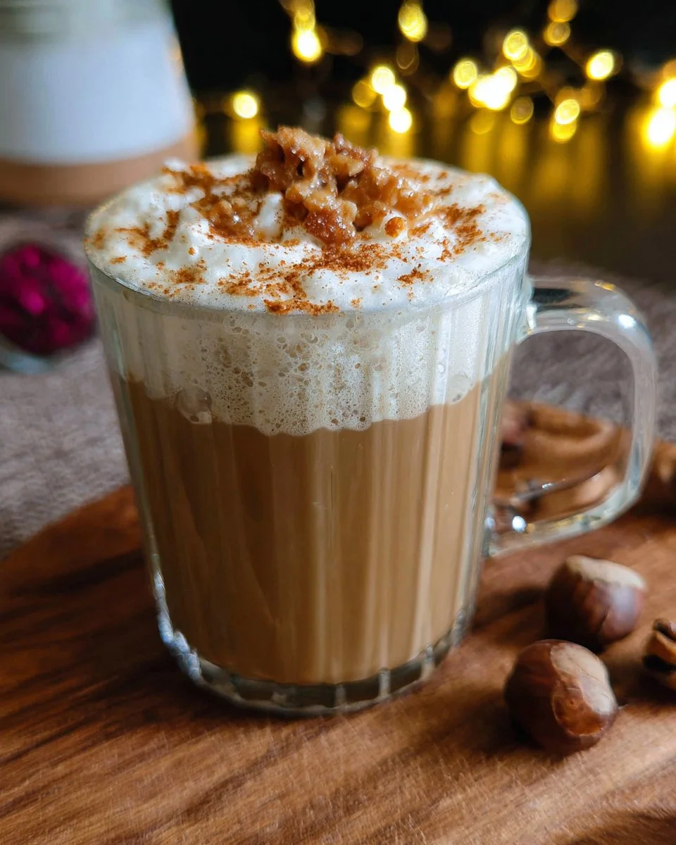 Delicious Chestnut Praline Dream Latte with whipped cream and chestnut toppings