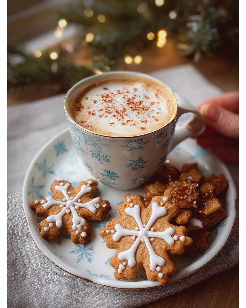 Chestnut Praline Latte served with Ginger Snowflake Cookies on a festive table.