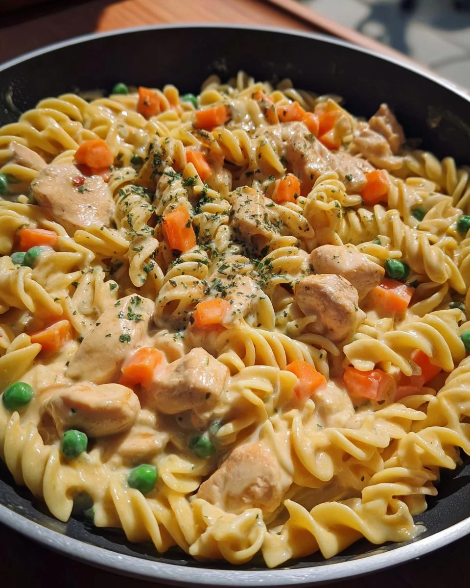 Delicious Chicken Pot Pie Pasta with creamy sauce and vegetables