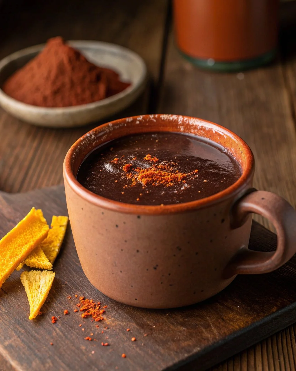 Spicy Chili Mango Mole Cocoa showcasing vibrant ingredients and rich texture