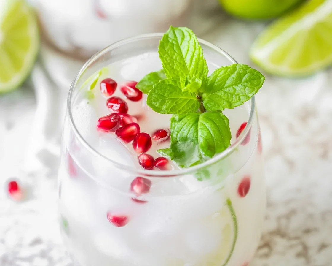 Snowy Coconut Cranberry Mojito mocktail served with sugared cranberries.