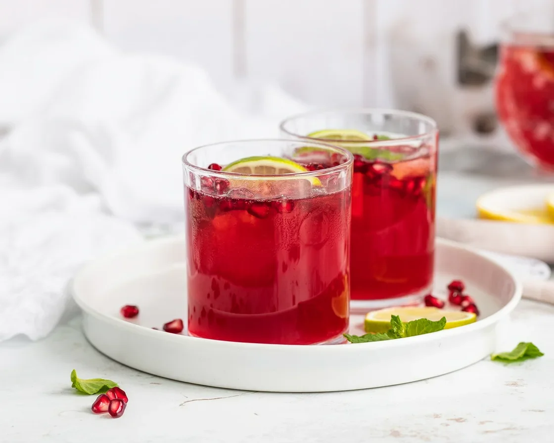 Frosted Pomegranate Coconut Fizz mocktail served in a chilled glass with pomegranate seeds.