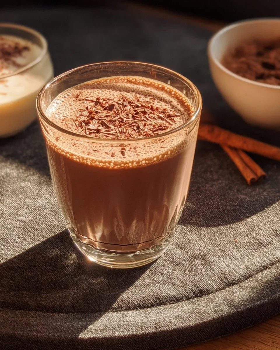 Delicious Chocolate Coquito drink served in a festive glass.