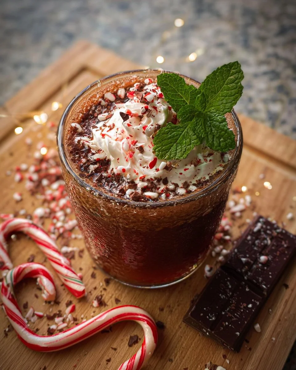 Chocolate Peppermint Mocktail garnished with mint and chocolate sprinkles.