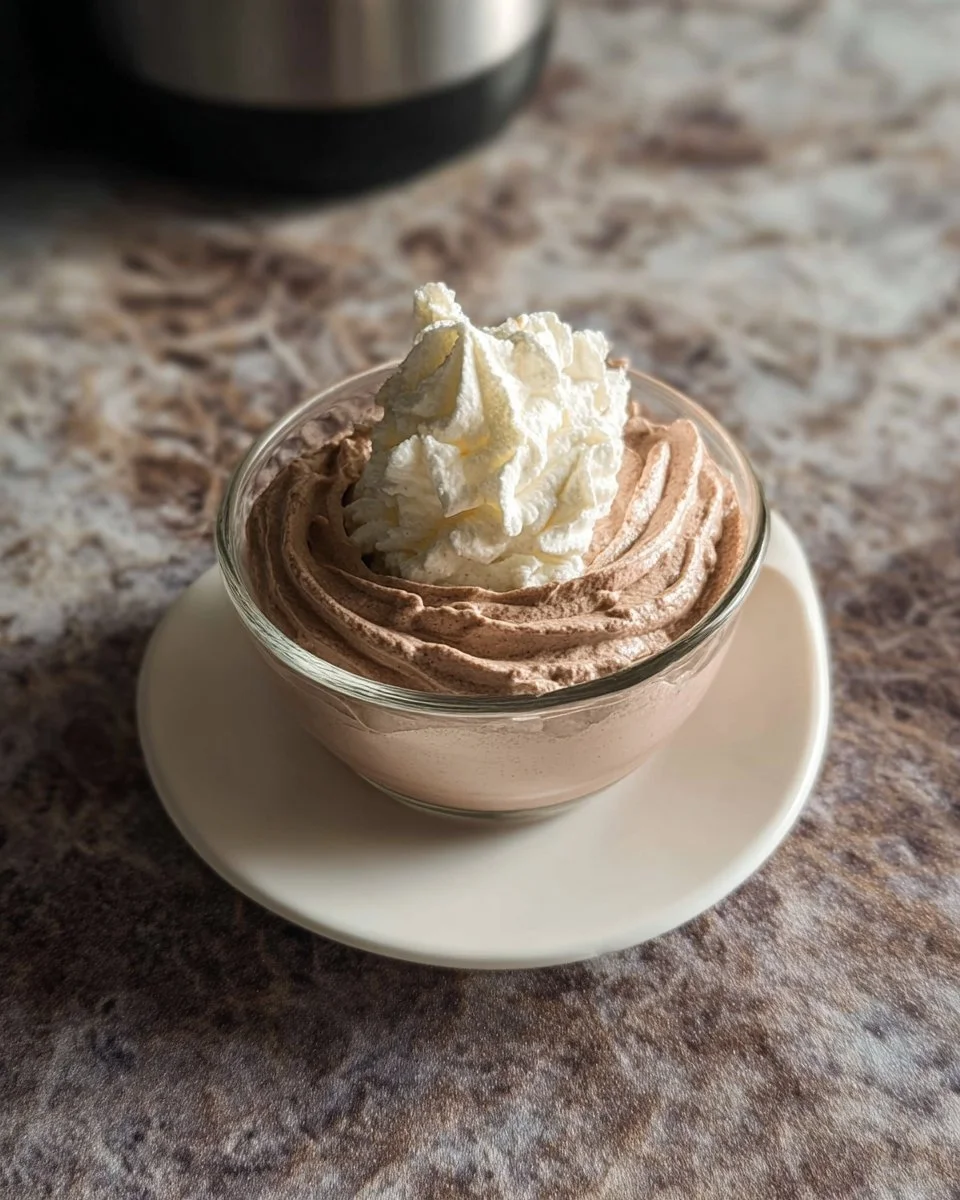 Delicious bowl of chocolate whipped cream, perfect for topping desserts.
