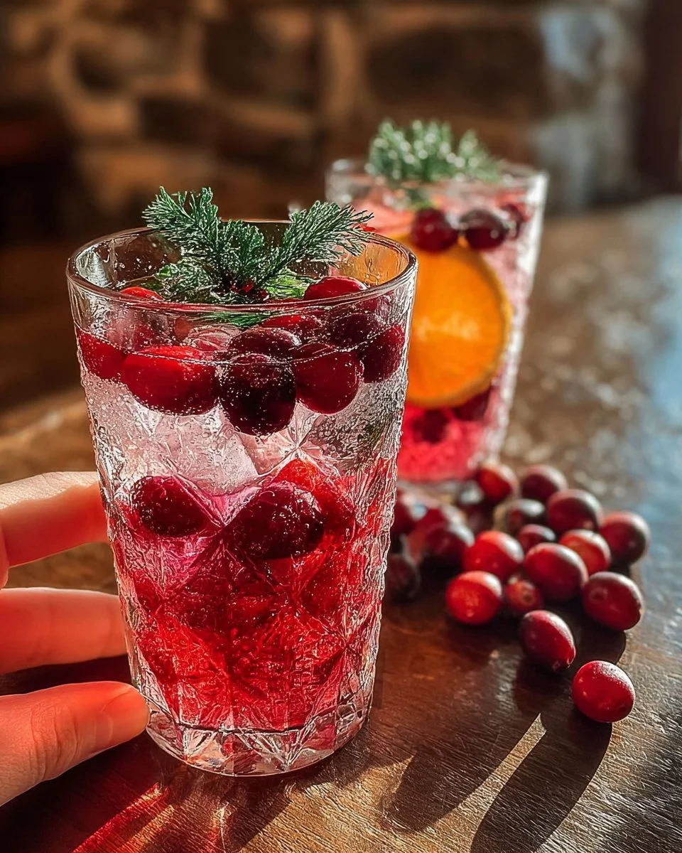 Festive Christmas berry drink in a glass with fresh berries and holiday decorations.