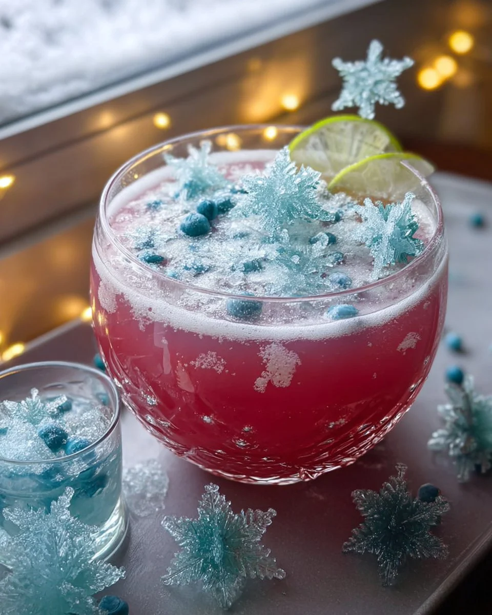 A festive glass of Christmas Frost Fairy Punch with shimmering decorations and fruit slices.
