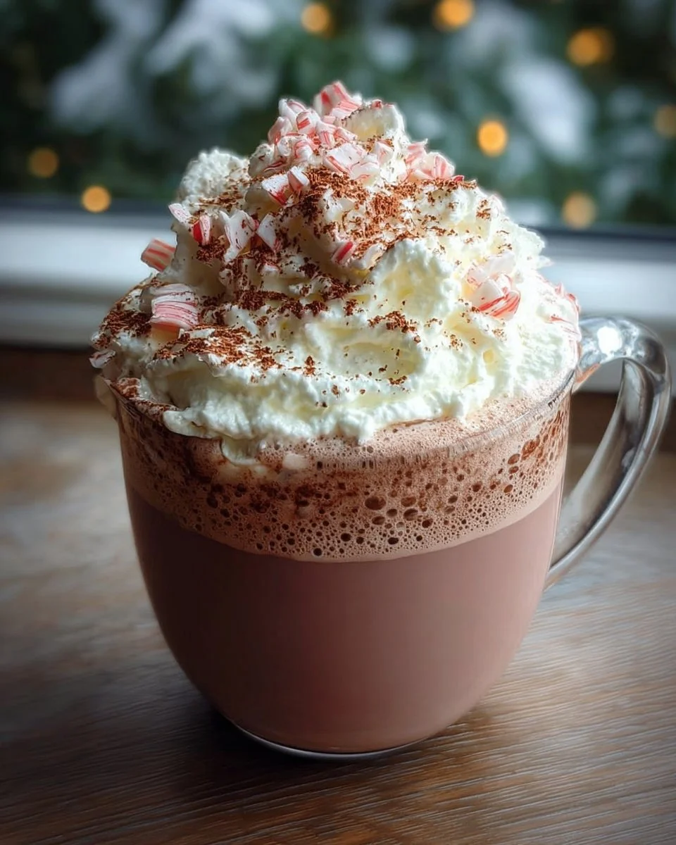 Cup of Christmas Frostbite Cocoa topped with whipped cream and chocolate shavings