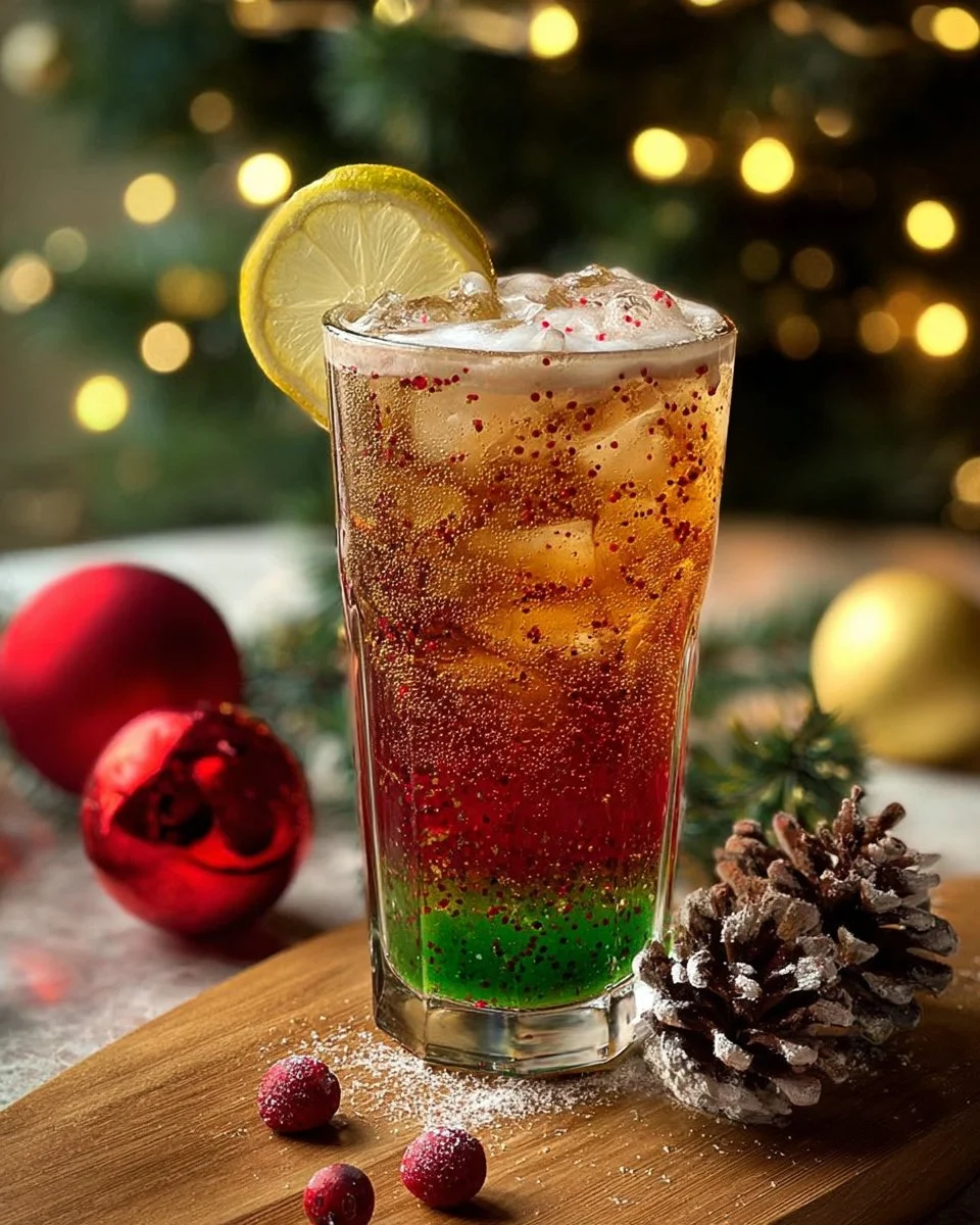 Festive Christmas iced tea served in a holiday-themed glass.