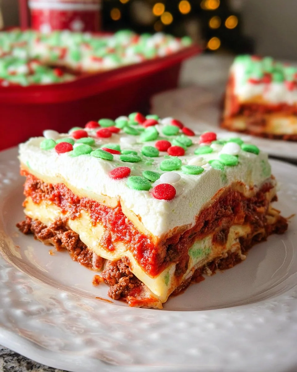 A delicious Christmas Lasagna topped with fresh herbs and cheese, ready for the holiday table.