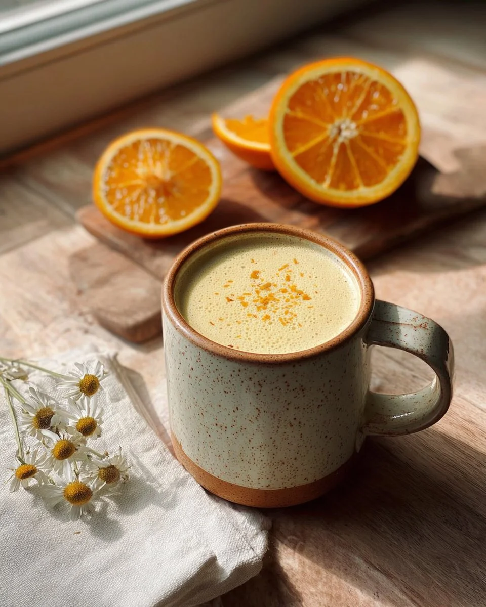 A refreshing Citrus Chamomile Latte topped with citrus slices and chamomile flowers.