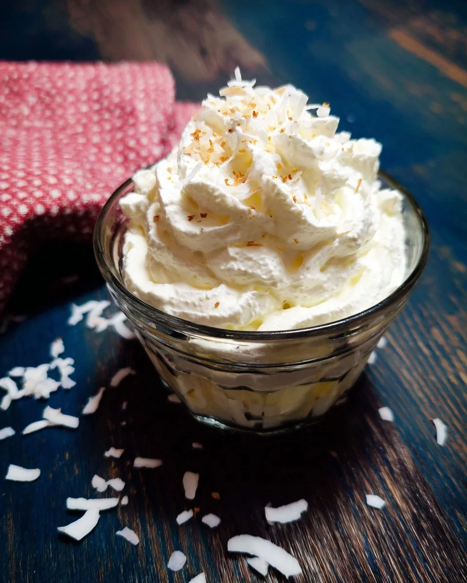 Delicious coconut whipped cream topping on a dessert