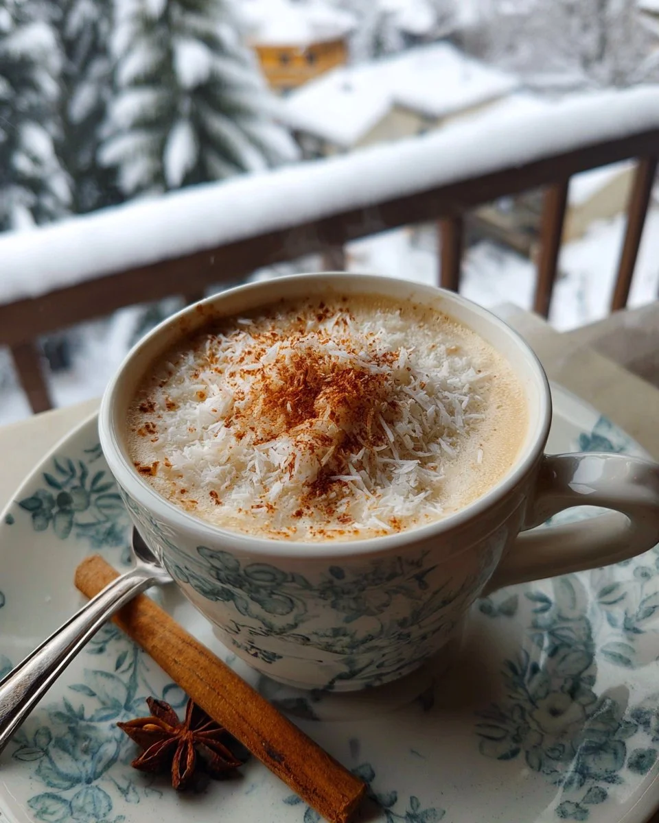 A steaming cup of Coconut Snow Chai with spices and coconut flakes on top.