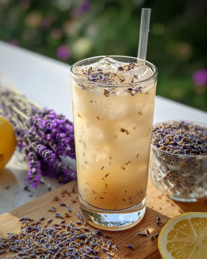 A refreshing glass of Coffee Lavender Lemonade garnished with lavender sprigs and lemon slices.