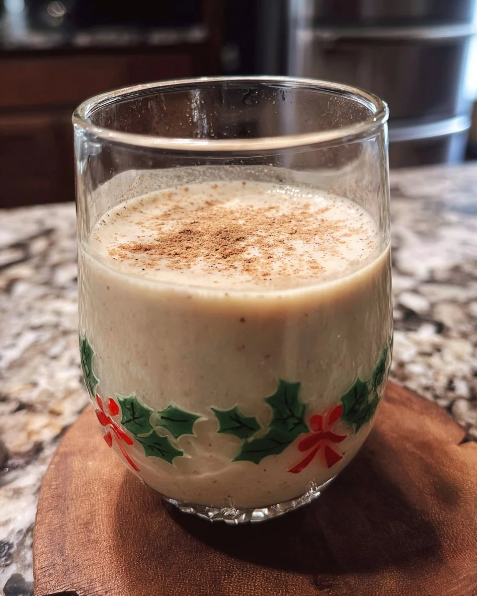 Glass of Coquito Coconut Eggnog garnished with cinnamon and coconut flakes