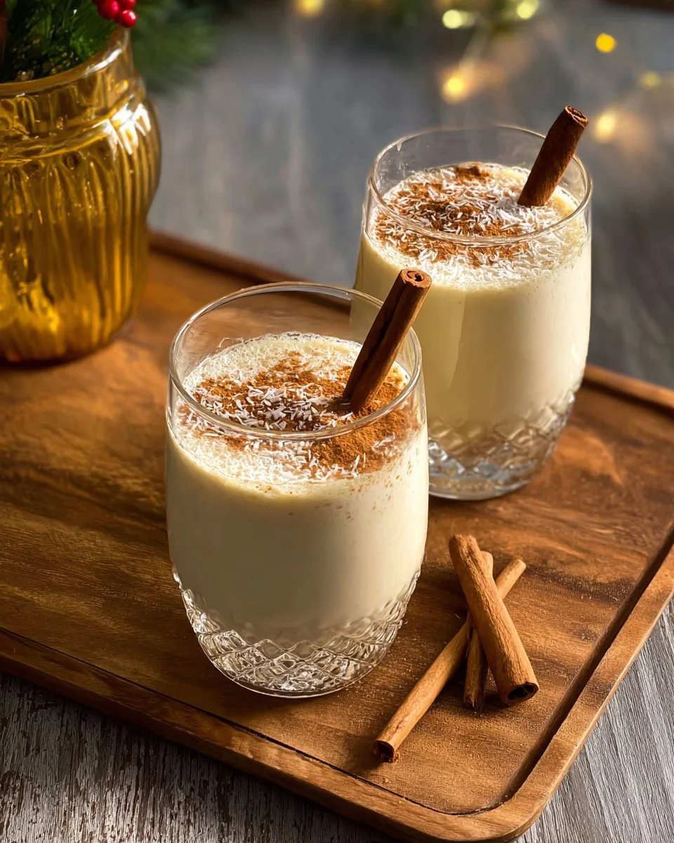 Delicious Coquito, a traditional Puerto Rican drink served in a festive glass.