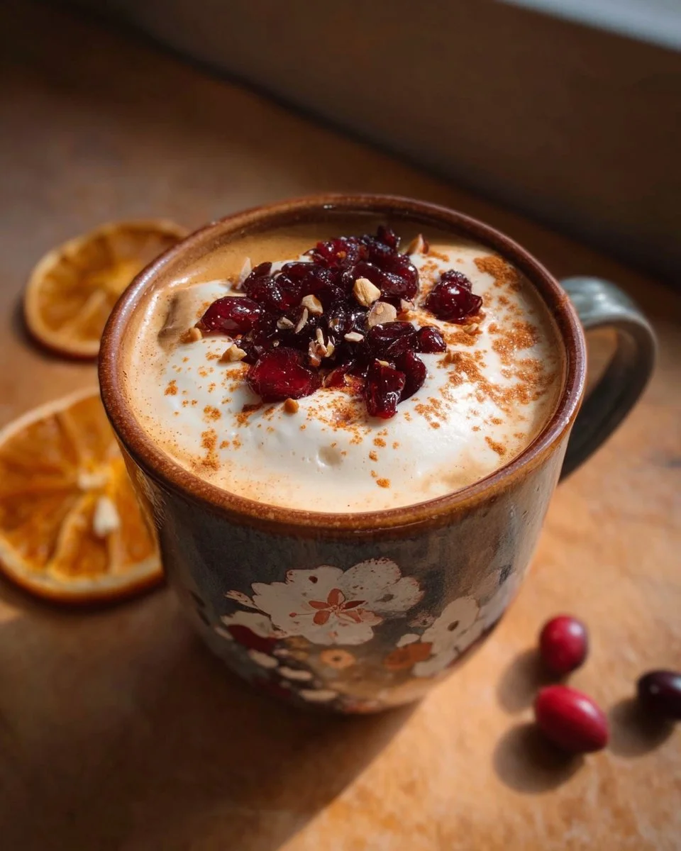 Delicious Cranberry Bliss Latte with whipped cream and cranberries