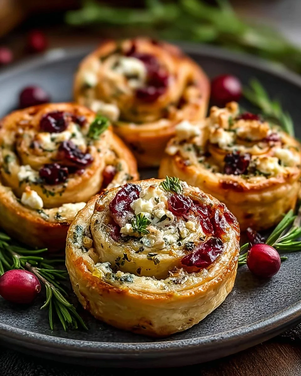 Plate of cranberry cream cheese pinwheels with feta and herbs.