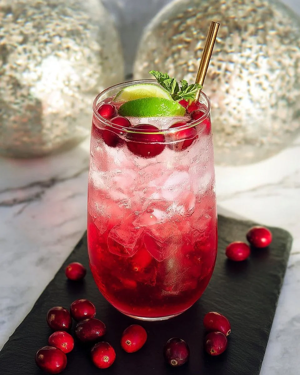 Cranberry Mocktail served in a glass with fresh cranberries and mint garnish