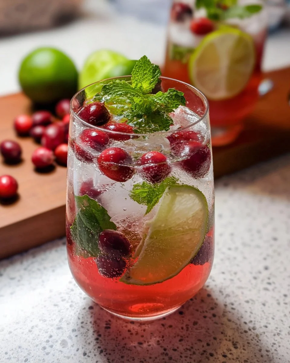 Refreshing Cranberry Mojito cocktail with mint and lime garnish