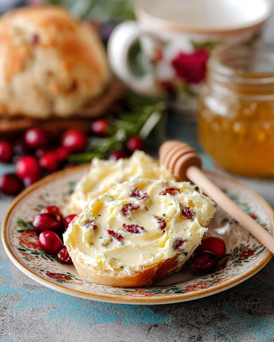 Delicious Cranberry Orange Honey Butter spread on a warm biscuit