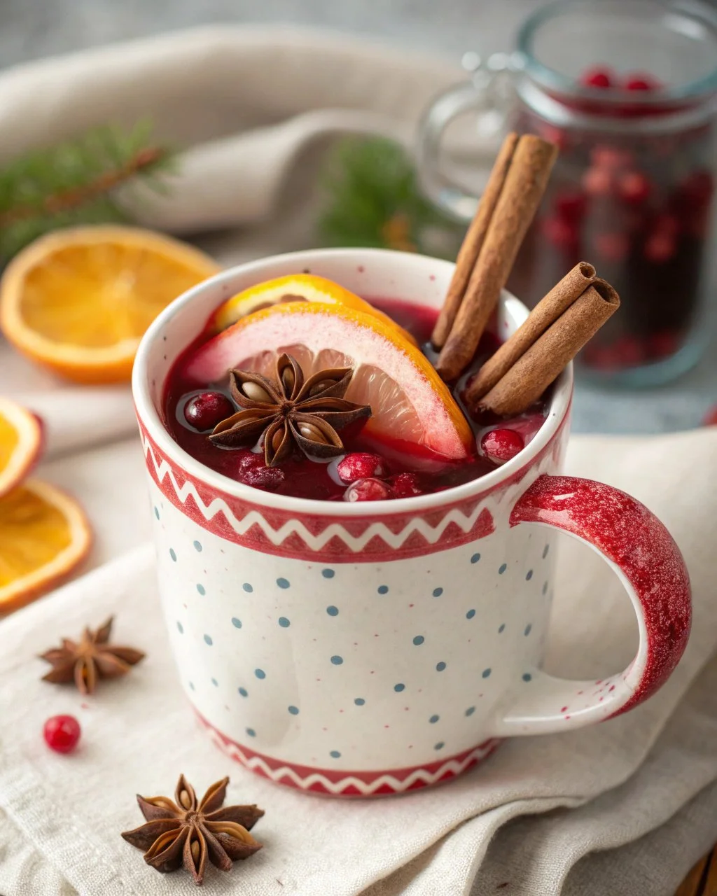 Cranberry Orange Spice Latte with whipped cream and spices in a warm mug