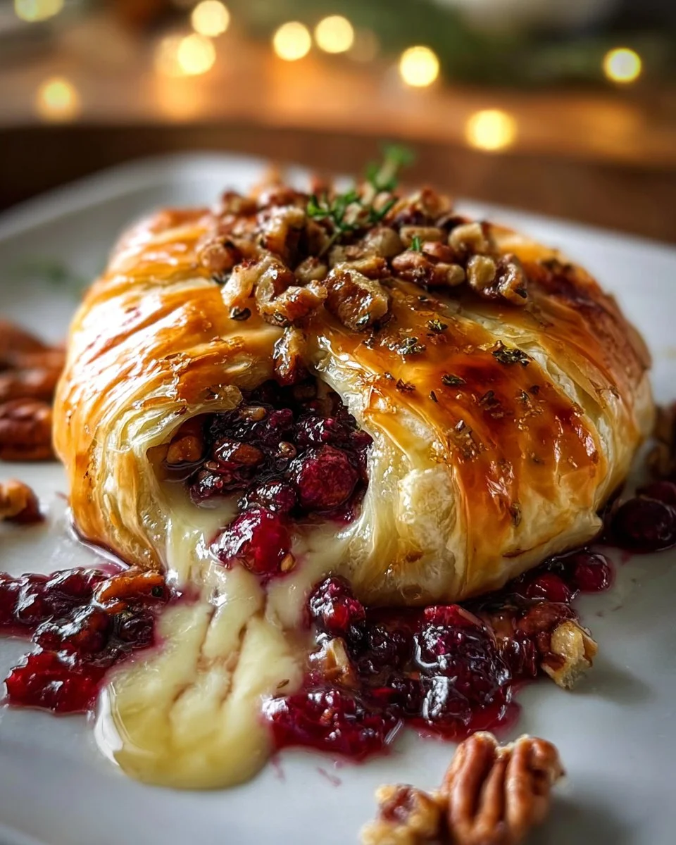 Cranberry Pecan Baked Brie in Pastry on a serving platter