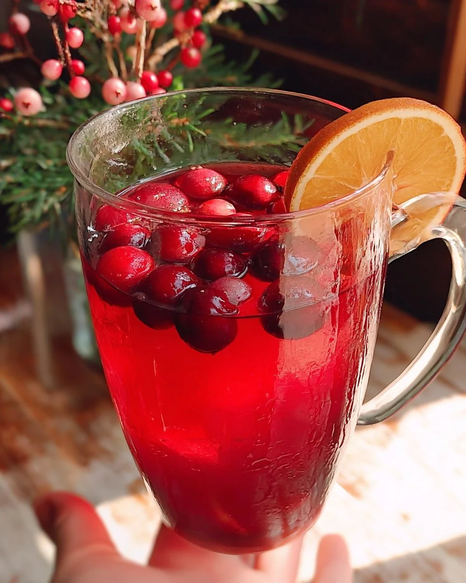 Refreshing Cranberry Punch in a glass, garnished with fresh cranberries and mint