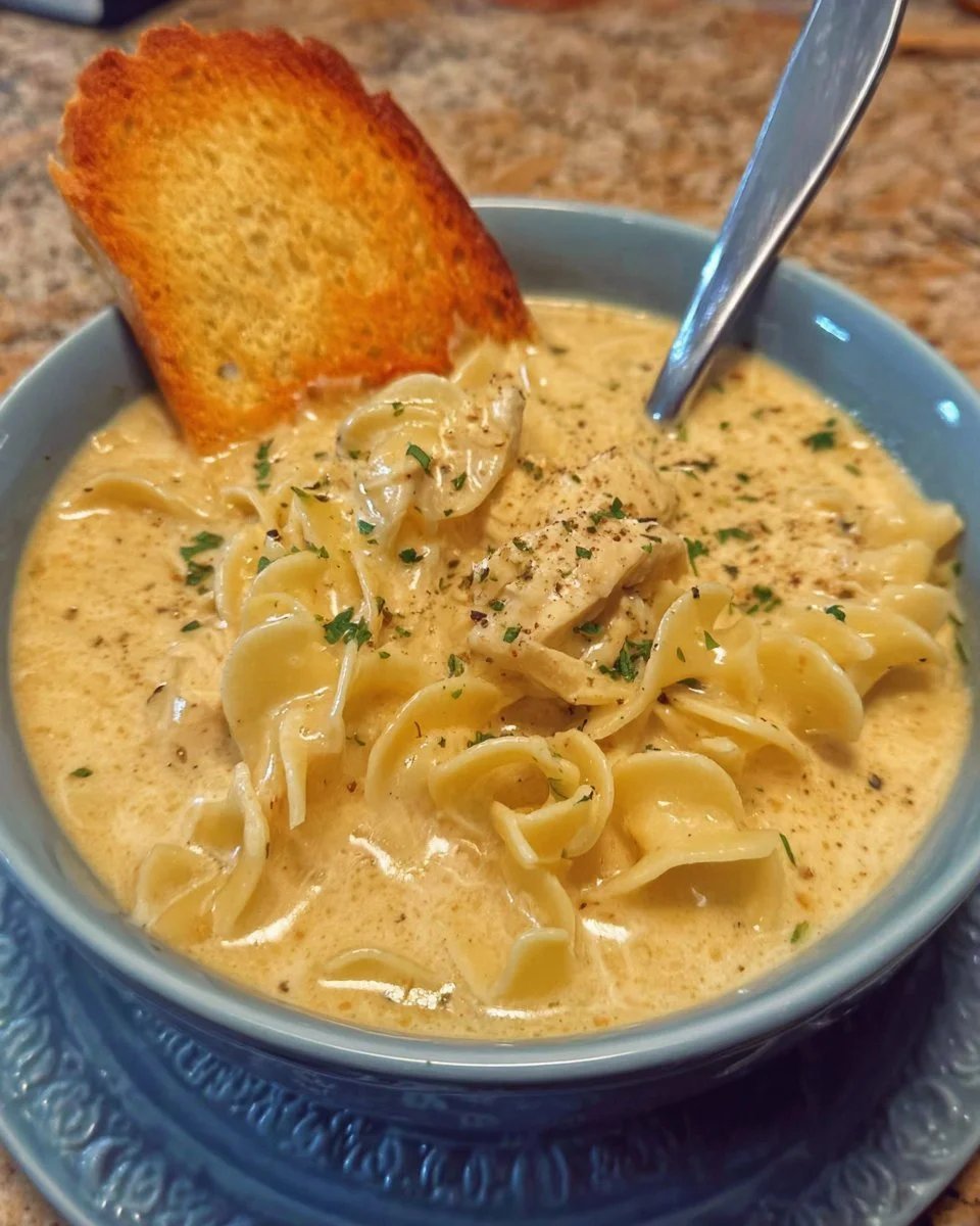 Creamy Chicken Alfredo Soup garnished with parsley in a bowl