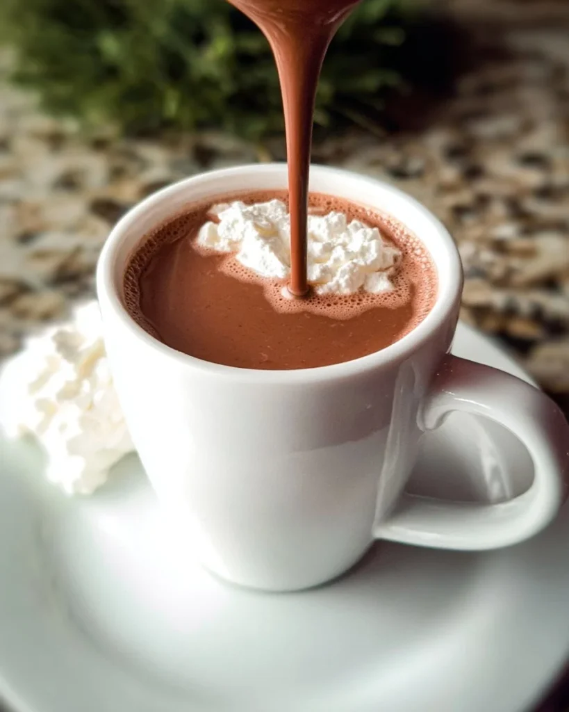 A steaming cup of creamy Italian hot chocolate topped with whipped cream.