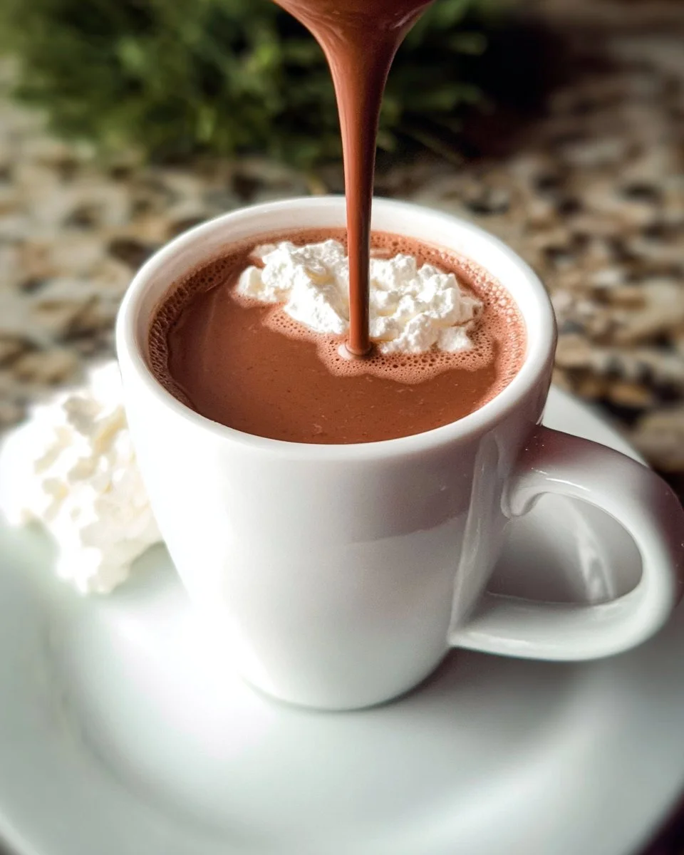 A steaming cup of creamy Italian hot chocolate topped with whipped cream.