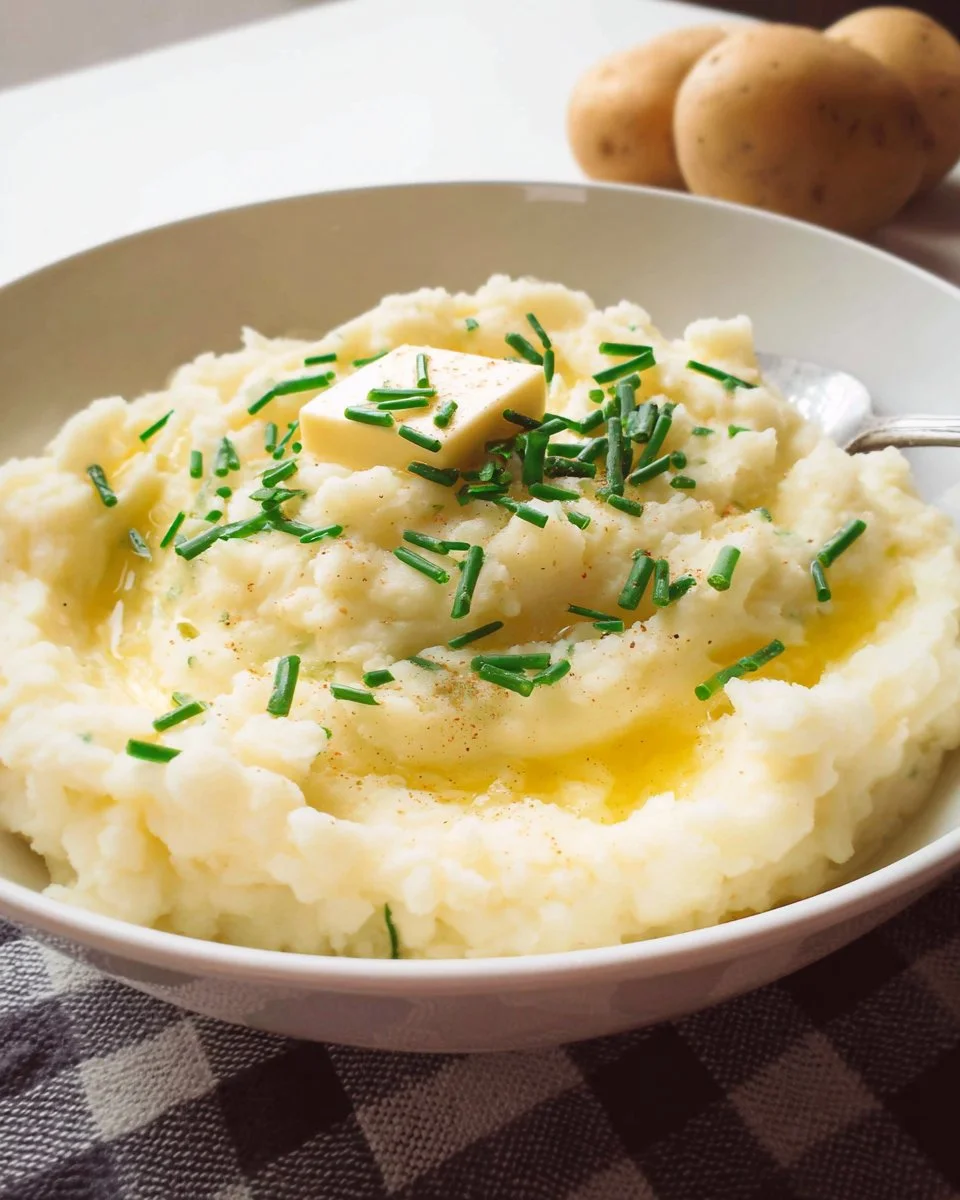 Creamy sour cream mashed potatoes garnished with chives
