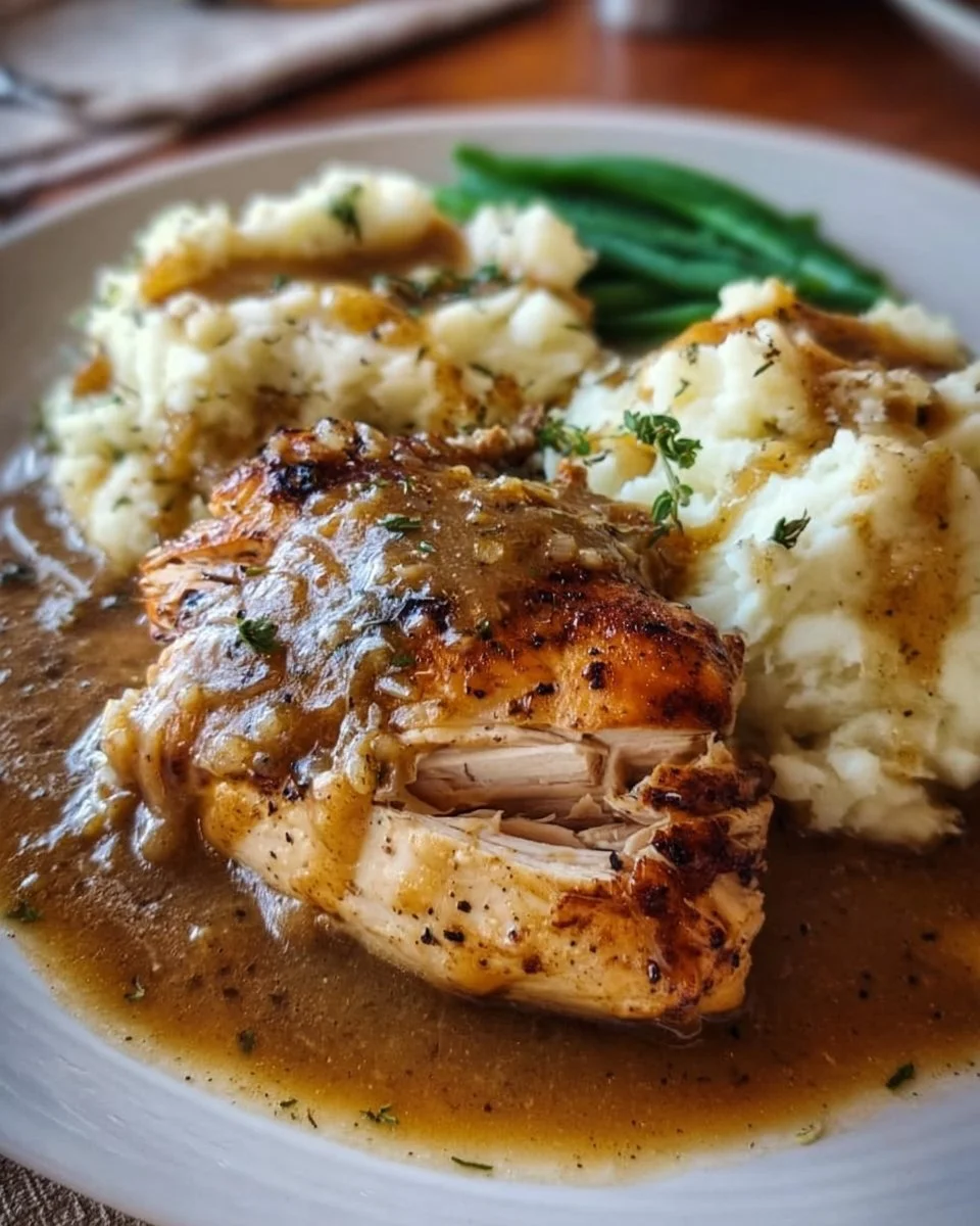 Delicious Crockpot Chicken and Gravy served with mashed potatoes